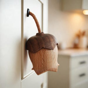 Può includere: Pomello per armadio a forma di ghianda in legno, con cappuccio marrone scuro e corpo marrone chiaro. Il pomello è fissato a un'anta bianca con uno stelo marrone a forma di corda. Lo sfondo è una cucina sfocata.