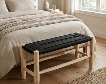 Handmade Wooden Bench, Moroccan Bed Benches, Boho Rattan Bench