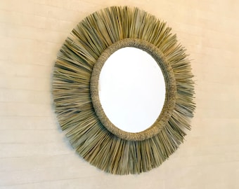 Miroir mural rond, tissu en feuilles de palmier tissé à la main, grand miroir bohème marocain en osier