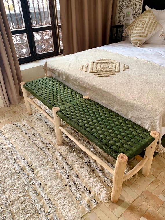 Moroccan Bench, Colorful Woven Cord & Natural Wood, Boho Style
