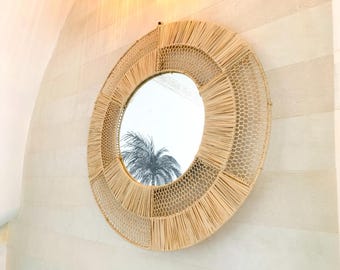 Miroir mural rond fait main, grand miroir bohème marocain en osier
