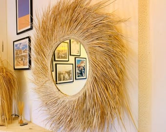 Ronde wandspiegel, handgeweven palmbladstof, Marokkaanse boho rieten spiegel groot