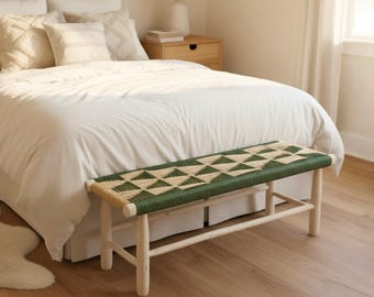 Banc de jardin tressé, banc de salle à manger en rotin bohème, bancs de lit naturels