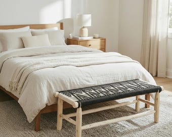 Banc de lit tissé, banc de salle à manger en rotin bohème, bancs de jardin naturel