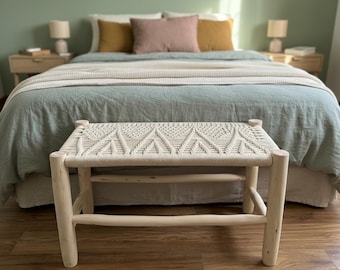 Moroccan Wooden Bench, Bohemian Bed Benches, Boho Rattan Garden Bench