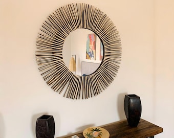 Miroir mural rond marocain, tissu en bois fait main