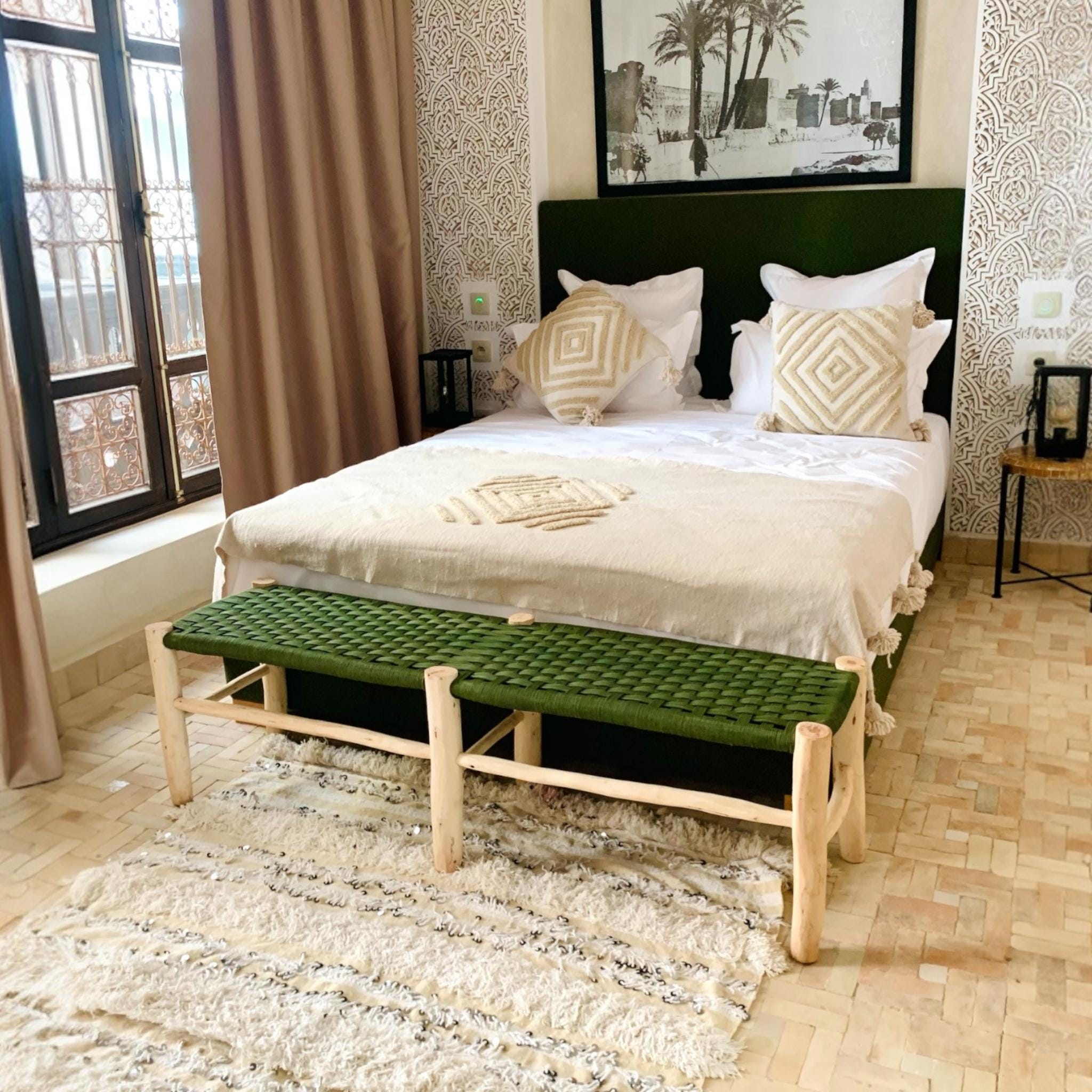 Moroccan Bench, Colorful Woven Cord & Natural Wood, Boho Style