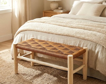 Banc en bois fait main, bancs de lit marocains, banc en rotin bohème