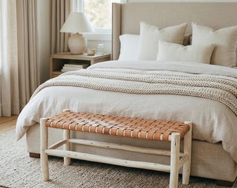 Banc en bois avec assise en cuir naturel, banc de chambre à coucher rustique moderne, bancs de jardin