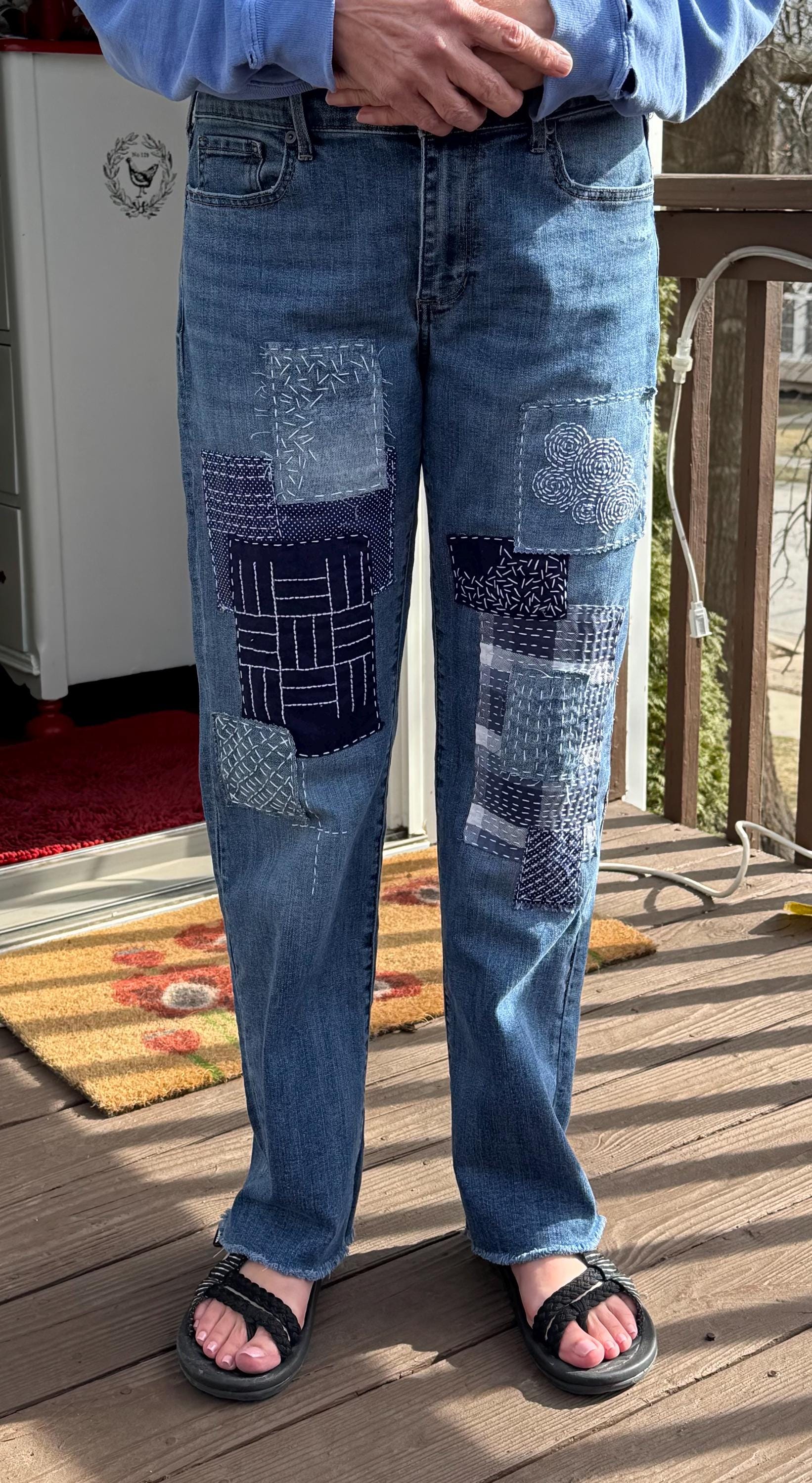 Upcycled Sashiko Boro Jeans - Hand-Stitched Japanese Visible Mending Denim (31" Waist)