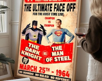 Batman Retro Poster, Superman Boxing Style Wall Art,  Fight Night Comic Print