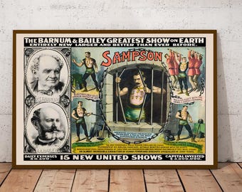 Sampson Strongman Circus Poster | Vintage Barnum & Bailey Wall Art | Antique Strength Performer Print