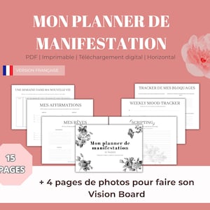 Peut inclure: Un planificateur de manifestation numérique sur fond rose. Le planificateur comprend des pages pour les affirmations, les rêves et un suivi hebdomadaire de l'humeur. Le texte indique "Mon Planner de Manifestation" et "15 Pages".