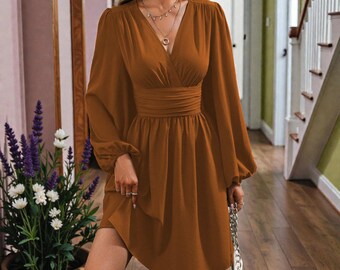 Pleated Mini Dress: Long Sleeve Cotton Blend - European Style - Etsy