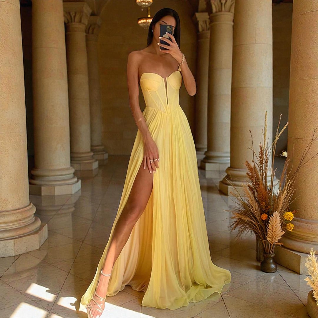 Yellow A-line Chiffon Prom Dress Yellow Evening Dress Y5815 main image 1
