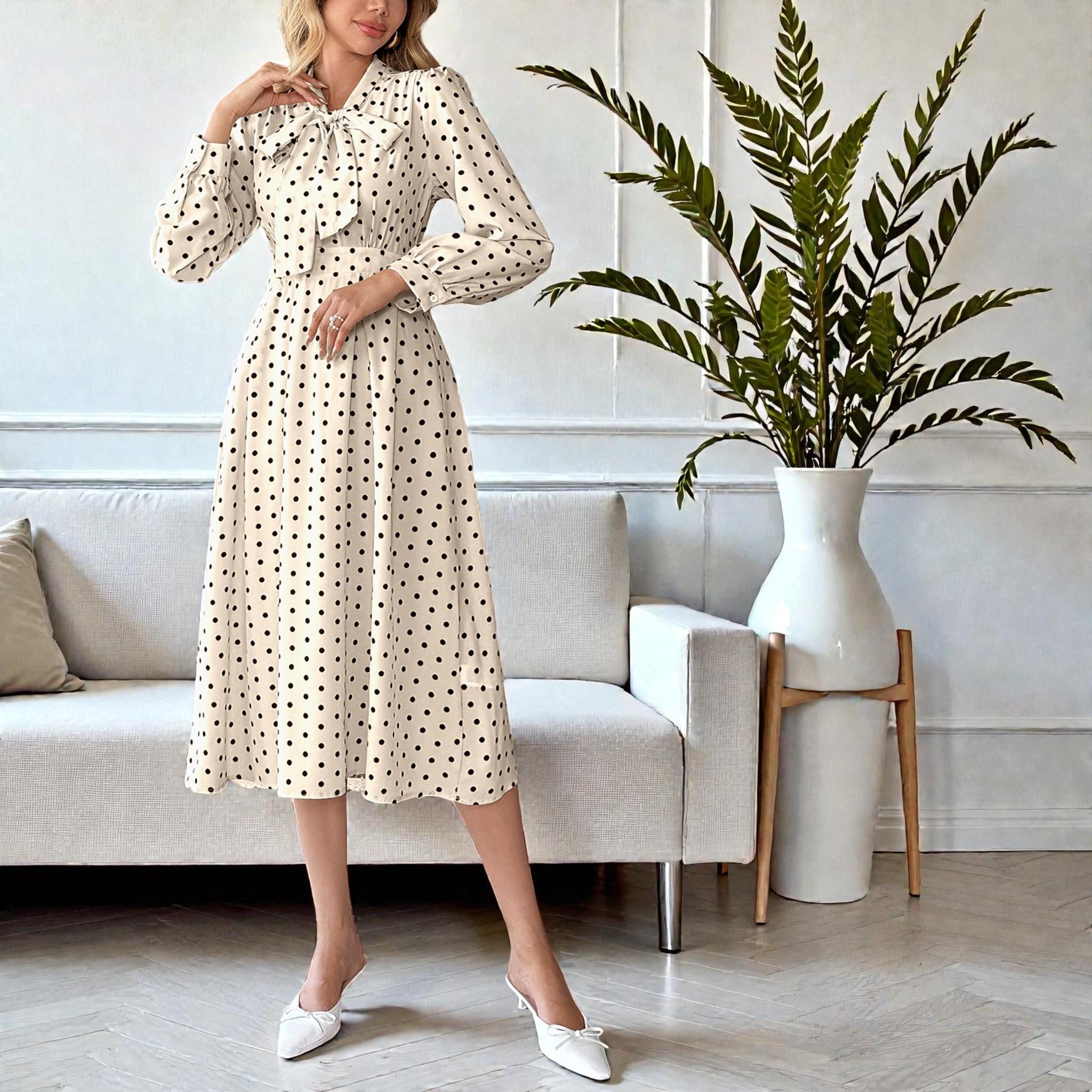 Robe Vintage Années 80 - Ligne A, Col Noué, Taille S - Vert émeraude à Pois Roses - Neuf Sans étiquettes