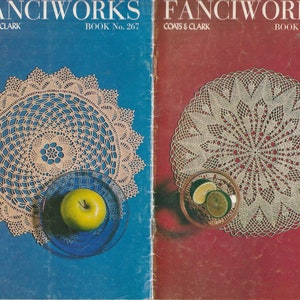 May include: Two vintage crochet doily patterns from Coats & Clark's Fanciworks Book No. 267. The doilies are displayed on blue and red backgrounds with a green apple and lime slices.