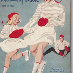 May include: A vintage knitting book cover featuring a woman and a child wearing white knit dresses and red hats, ice skating on a blue background. The book title is "NEW LUX Knitting Book" with the year "1952 EDITION" printed below. The text "Designs for the whole family" is printed in the bottom right corner, along with the price "50¢".