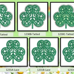May include: A collection of six green shamrock designs, each framed in black. The designs are labeled with text indicating they are either "Tatted" or "Lace". The shamrocks have intricate, detailed patterns.