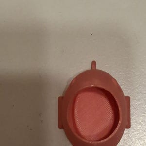 May include: A coral-colored, 3D-printed object with an oval shape and a circular opening. It has a small loop at the top and two rectangular protrusions on the sides. The interior has a textured, ridged pattern.
