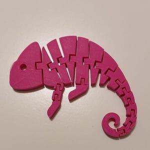 May include: A bright pink, articulated chameleon toy. The toy is made of connected segments, allowing it to be posed. The chameleon has a curled tail and a small hole for an eye. The toy is designed to be a fun and interactive item.