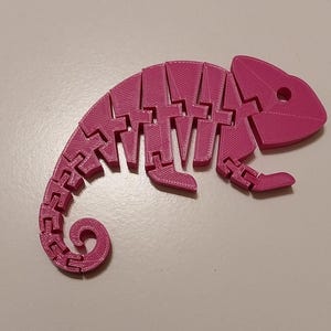May include: A pink, articulated chameleon toy. The toy is made of interlocking segments, allowing it to be posed in various positions. The chameleon's body is a vibrant pink color, and it has a curled tail.