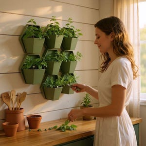 May include: A vertical garden with nine olive green hexagonal planters, each containing herbs. A person is shown harvesting herbs from the planters. Wooden utensils and terracotta pots are on the counter.