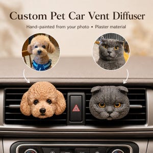 May include: Custom Pet Car Vent Diffuser, hand-painted from your photo, plaster material. Two plaster pet head sculptures, one light brown dog and one grey cat, are attached to a car air vent. The text reads Custom Pet Car Vent Diffuser.