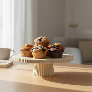 May include: A cream-coloured, circular pedestal cake stand with a vertically ribbed design on the base and rim. The stand holds five muffins, including blueberry and chocolate varieties, each in a paper liner, arranged on the flat top surface.