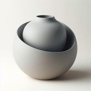 Könnte beinhalten: Ein modernes, minimalistisches graues Keramikvasen-Set. Das Design zeigt eine kleinere Vase, die in einer größeren, kugelförmigen Form verschachtelt ist. Die glatte, matte Oberfläche und die neutrale Farbpalette erzeugen ein Gefühl von Ruhe und Raffinesse. Ideal für die Inneneinrichtung.