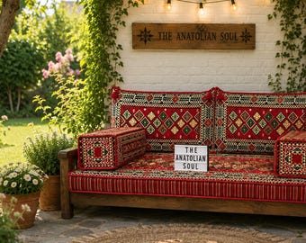 Red Arabic Floor Sofa with Wooden Bench; Garden Seating Style Set, Ottoman & Cushions