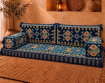 Sofá de dos plazas Majlis con asientos de suelo, cojín para rincón de lectura étnico, sofá Majlis árabe, cojines para respaldo y reposabrazos.