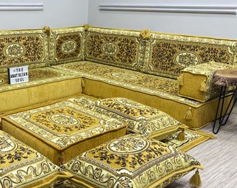 Ottoman Style L Shaped Floor Sofa Set: Arabic Majlis Corner Couch, Authentic Floor Pillows