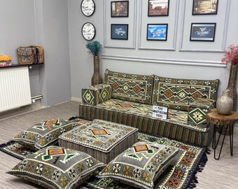 Handmade Anatolian Cushion Floor Seating, Oriental Living Room Decor, Turkish Floor Sofa Set