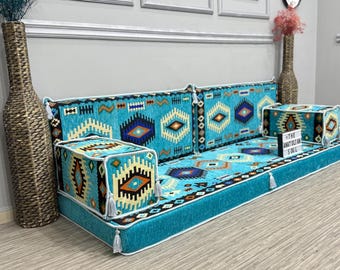 Loveseat Turquoise Floor Seating Couch: Traditional Arabic Majlis Sofa, Reading Nook Cushion&Backrest Pillows