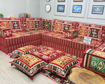 Red Arabic Majlis Seating Set; Boho Modular Floor Sofa, Living Room Couch, Custom Cushions