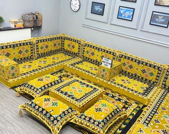 Moroccan Floor Seating Set; Arabic Majlis Cushion, Traditional Floor Sofa, Boho Lounge Couch&Pillows