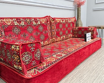 Red Oritental Home Furniture Couch, Turkish Kilim Floor Cushions, Handmade Modular Living Room Sofa