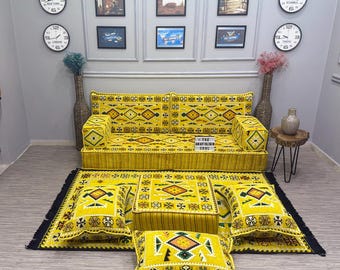 Conjunto de asientos de suelo orientales amarillos, cojines Kilim turcos, sofá esquinero étnico, asientos Majlis