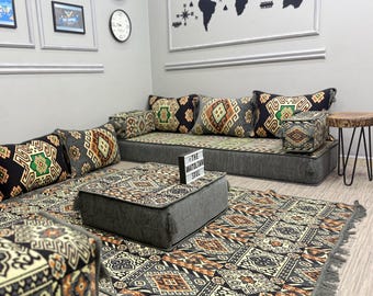 Handmade Arabic Majlis Floor Seating Set, Authentic Corner Sofas, Oriental Living Room Furniture 8''