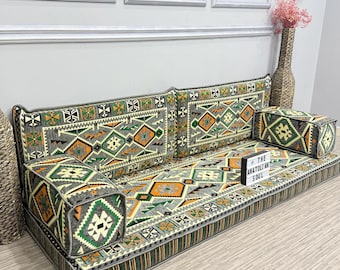 DarkGray Loveseat Floor Seating Couch: Arabic Majlis Sofa Set, Reading Nook Cushion, Armrest Pillows