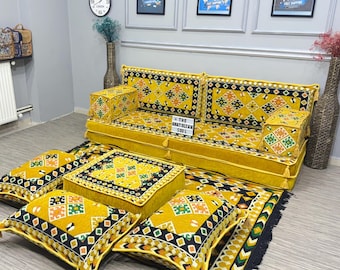 Living Room Floor Seating Couch; Yellow Arabic Majlis Sofa Set,  Oriental Cushion, Ottoman&Pillows