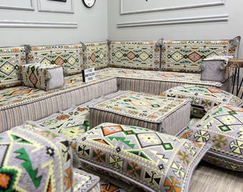 Gray Boho Ethnic Cushions, Handmade Turkish Kilim Floor Seating Set, Arabic Majlis Corner Sofas