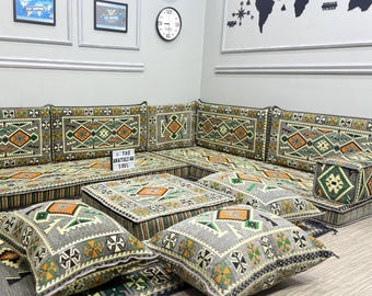 Gray Turkish Floor Seating Set; Modular Majlis Sofa, Arabic Lounge Cushions, Moroccan Corner Couch