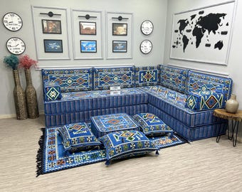 Asientos de suelo tribales azules, sofá Majlis árabe, cojines de esquina para salón, decoración bohemia para sala de estar.