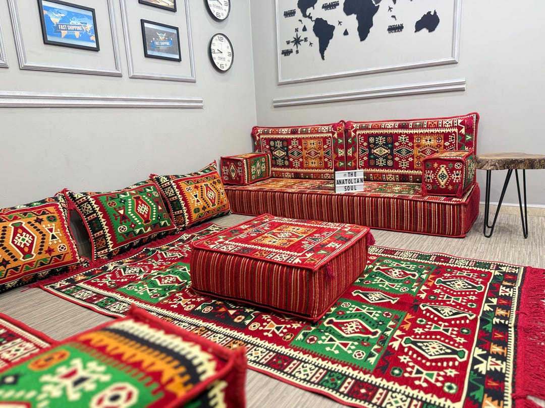 Living Room Red Turkish Floor Seating Couch; Arabic Majlis Cushions ...