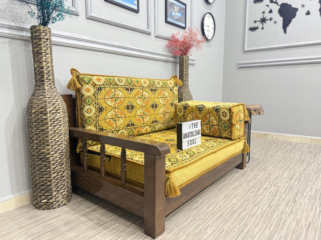 Turkish Wooden Floor Sofa With Mustard Anatolian Cushions; Traditional ...