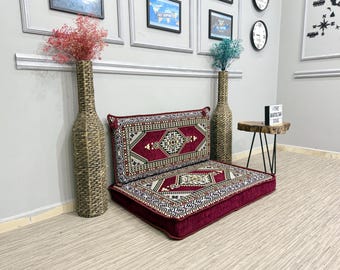 Living Room Cushion Seating; Burgundy Single Floor Sofa Set, Home Decor Couch, Backrest & Cushion