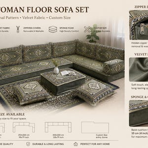 Op de afbeelding: Ottoman vloersofa set met een traditioneel patroon, gemaakt van fluwelen stof. De set bevat een hoekbank, een salontafel en kussens. De dikte van het basiskussen is 10 cm. De bank heeft een neutraal kleurenpalet met een geometrisch ontwerp.