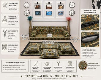 Traditional Anatolian Floor Seating Set; Handmade Living Room Cushions and Pillows, Arabic Majlis Sofa